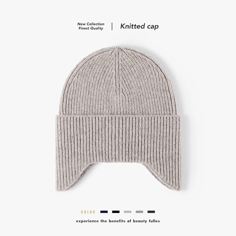 Wool Knitted Beanie With Ear Protection Winter Warm Ribbed Skull Cap Outdoor Solid Color Soft Hat