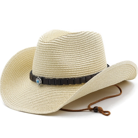 Western Cowboy Straw Hat Wide Brim Paper Straw Sun Hat With Turquoise Style Buckle And Adjustable Wind Lanyard