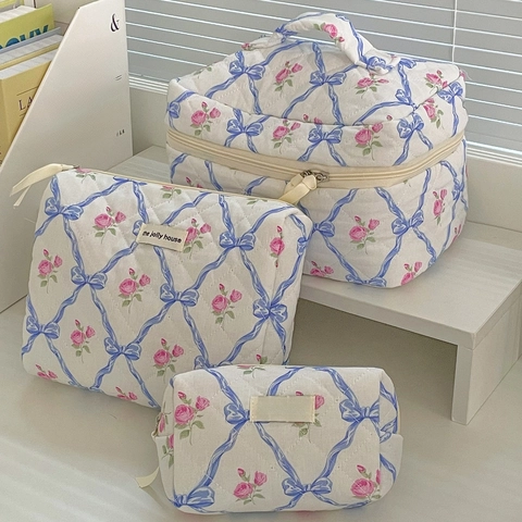 Trousse De Maquillage Matelassée À Fleurs En Coton Doux Avec Nœud Pochette De Toilette Organisateur De Voyage Style Rétro