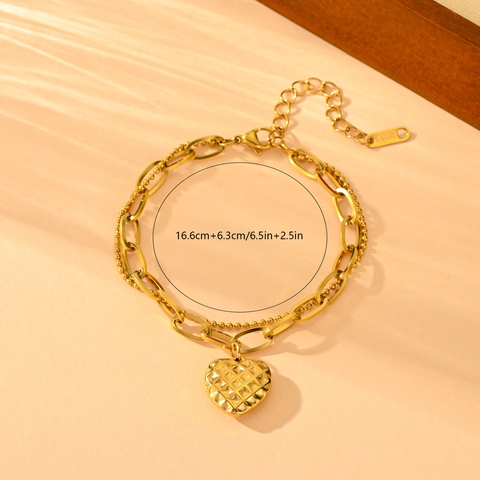 Double Layer Heart Pendant Bracelet Gold Plated Stainless Steel Grid Texture Link Bead Chain Adjustable For Women