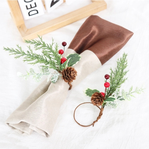 Christmas Napkin Rings Artificial Pine Needles Natural Pine Cones Red Berries Festive Holiday Table Dinner Decor Rustic Plastic PVC