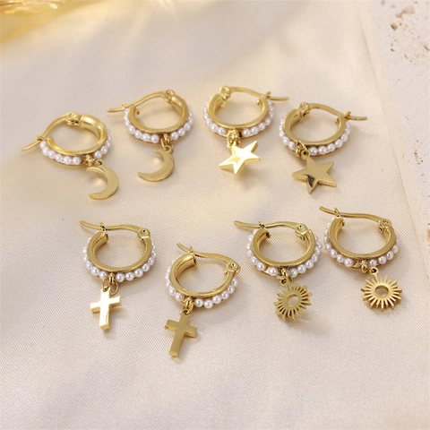 Hoop Earrings Stainless Steel Gold Plated Faux Artificial Pearl Moon Star Cross Sun Dangle Minimalist Chic Jewelry For Women