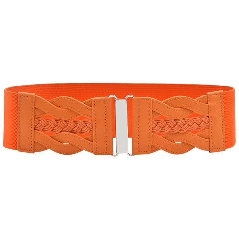 Women Wide Elastic Waist Belt Faux Leather Woven Design Cinch Corset With Alloy Interlocking Buckle For Dresses Coat