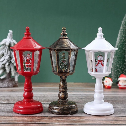 Lanterne Boule De Neige De Noël LED Injection D'Eau Veilleuse Brillante Décoration De Table Hexagonale Vintage Plastique Résine