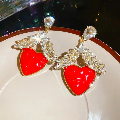 Red Heart Drop Earrings With Silver Earring Post Alloy Rhinestone Wing Luxury Fashion Jewelry For Women