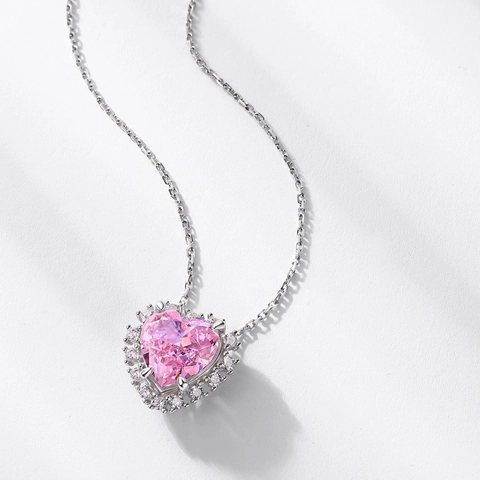 Herzform Rosa Zirkonia Halo Anhänger Halskette 925 Sterlingsilber Eleganter Romantischer Schmuck Geschenk Für Damen