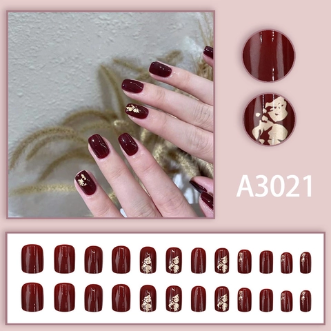 Wine Red Square Press On Nails Short Glossy Fake Nails With Gold Foil Floral Design Vintage Elegant Manicure For Women