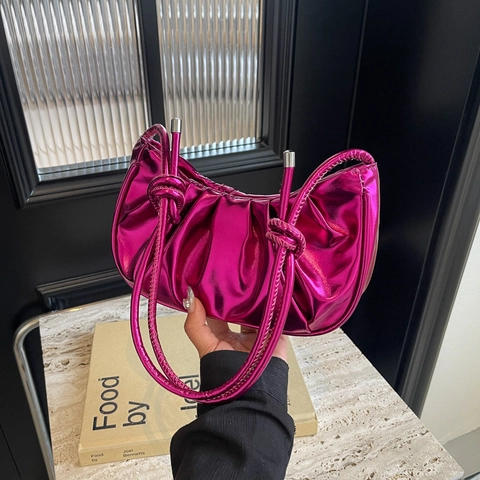 Geraffte Umhängetasche Metallic PU Leder Plissee Unterachseltasche Glänzende Cloud Modisch Für Damen
