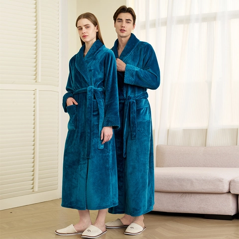 Verdickter Bademantel Flanell Lang Warm Schlafanzug Hausmantel Mit Taschen Und Gürtel Für Herren Und Damen
