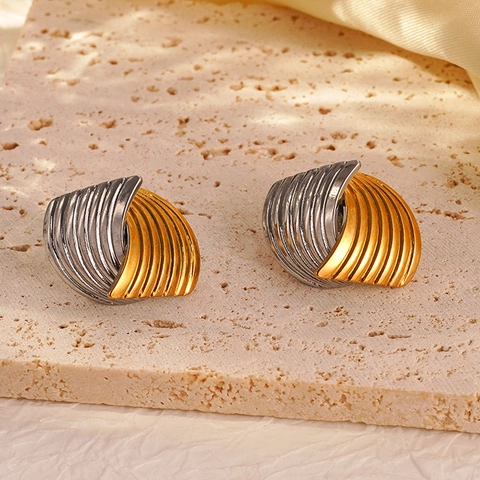 Gerippte Muschel Ohrstecker Edelstahl Zweifarbig Gold Und Silber Fächerförmiger Moderner Modeschmuck Für Damen