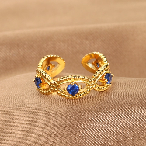 Vintage Evil Eye Adjustable Open Ring For Women Copper Gold Silver Plated Blue Zirconia Inlaid Bohemian Fashion Jewelry Finger Ring