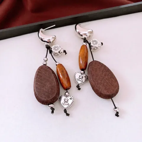 Vintage Wood Beaded Drop Earrings With 925 Sterling Silver Earring Post Alloy Heart Flower Charm Bohemian Style Women