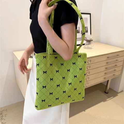 Women Corduroy Shoulder Bag Bow Pattern Quilted Rhombus Large Capacity Retro Sweet Casual Tote Handbag For Girls