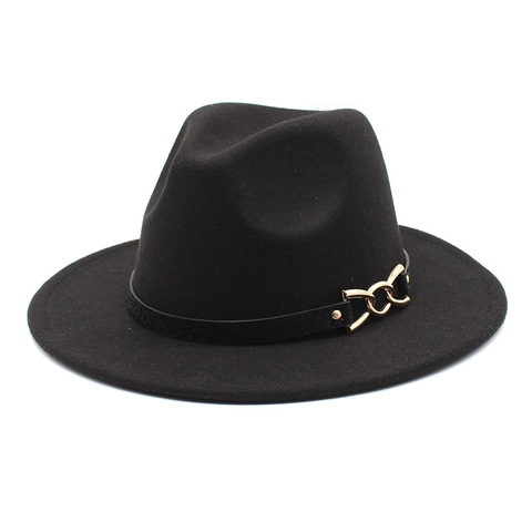 Retro British Style Wool Felt Fedora Hat Wide Brim With Leather Belt And Gold Metal Chain Buckle Vintage Jazz Cap
