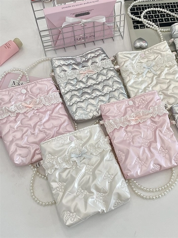 Women Mini Crossbody Phone Bag Quilted Heart Bow Lace Artificial Pearl Chain Strap Sweet Coquette Aesthetic Small Shoulder Pouch