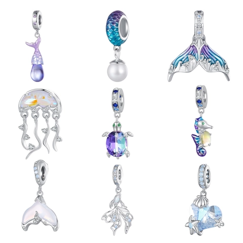Marine Ocean Series Charm Pendant 925 Sterling Silver With Zircon Opal For DIY Bracelet Necklace Mermaid Tail Jellyfish