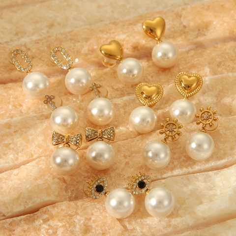 Retro Stainless Steel Artificial Pearl Stud Earrings For Women With Heart Bow Evil Eye Shape Gold Plated Fashion Rhinestone Jewelry
