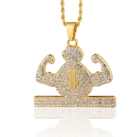 Collar Con Colgante Hip Hop Aleación Color Oro Pedrería Brazos Musculosos Bolsa De Dinero Signo De Dólar Joyería Unisex