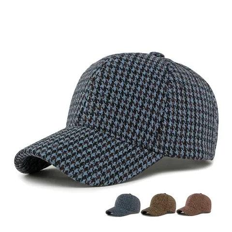 Baseball Cap Houndstooth Pattern Polyester Tweed Autumn Winter Warm Adjustable Vintage British Style Unisex