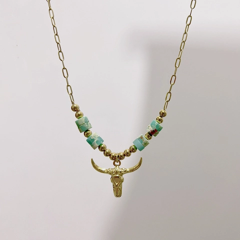 Collana con Pendente a Teschio di Toro in Acciaio Inossidabile Boho per Donna Perline in Pietra Naturale Gioielli Etnici