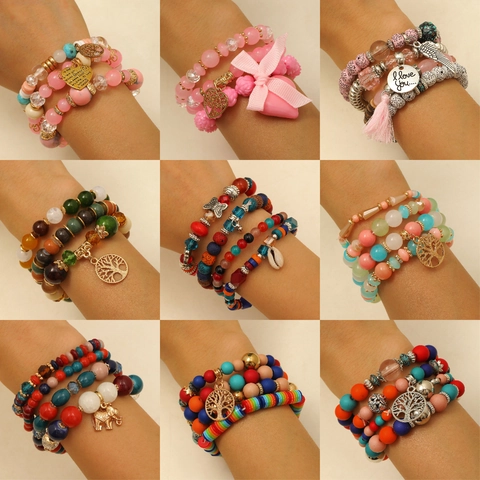 Ensemble de Bracelets Perles Multicouche Bohème pour Femmes Alliage Cristal Artificiel Arbre de Vie Éléphant Cœur Bracelets Élastiques Bijoux de Mode