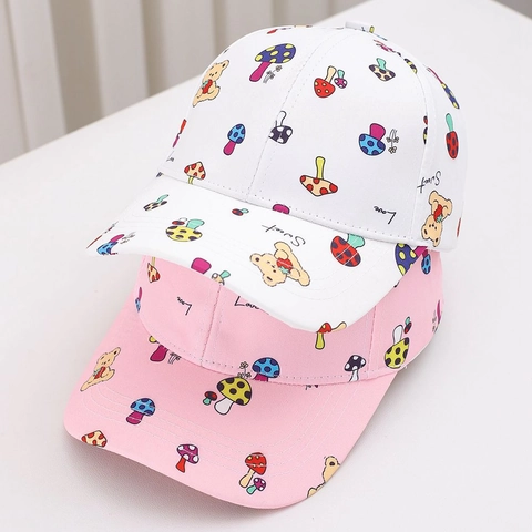 Kids Cartoon Mushroom Bear Print Baseball Cap Adjustable Outdoor Sun Hat For Boys Girls Toddler Breathable Duck Tongue Hat