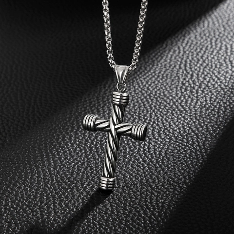 Kreuz Anhänger Halskette 316L Edelstahl Vintage Gedrehtes Seil Textur Herren Mode Schmuck Mit Box Kette