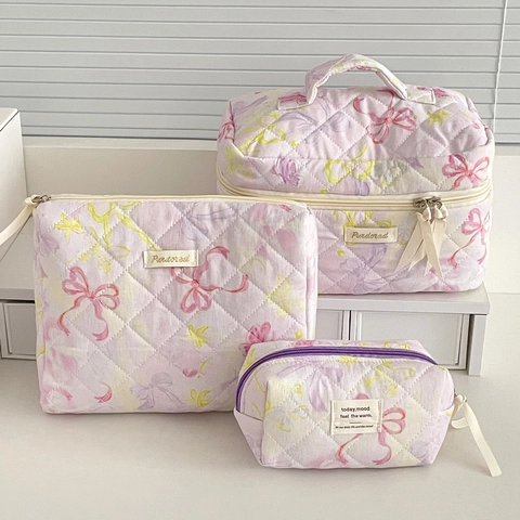 Quilted Cotton Makeup Bag Butterfly Pattern Ribbon Zipper Portable Travel Cosmetic Organizer Bag For Women