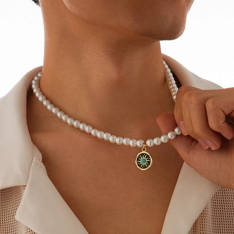 Sun Pendant Necklace With Faux Artificial Pearl And Alloy Turquoise Jewelry Hip Hop Simple Elegant For Men Unisex