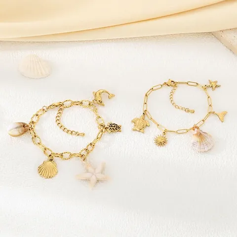 Roestvrijstalen Armband 18K Verguld Oceaan Schelp Zeester Schildpad Dolfijn Bedeltjes Strand Vakantie Boho Voor Dames