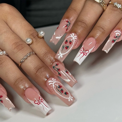Long Coffin Press On Nails Pink French Strawberry Pattern Bow 3D Artificial Pearl Decorative Artificial Fake Nails For Women