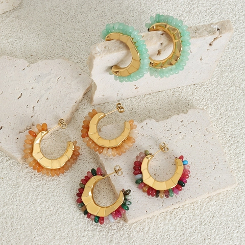 Pendientes De Aro En Forma De C Para Mujer Ágata Amarilla Natural Piedra Fantasma Verde Acero De Titanio Joyería Retro