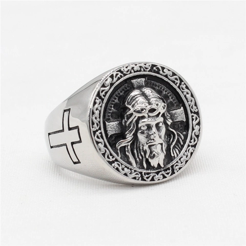 Mens Retro Jesus Christ Portrait Relief Ring Stainless Steel Religious Cross Embossed Vintage Jewelry