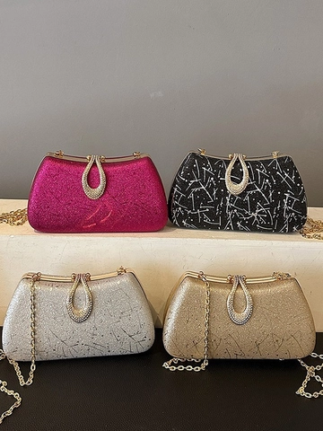 Women Glitter Evening Clutch Bag Rhinestone Clasp Metal Chain Shoulder Crossbody Handbag Wedding Party Banquet Elegant