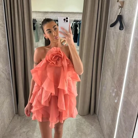 Women Halter Mini Dress Tiered Ruffles Fabric Flower Chiffon Backless Party Elegant Sleeveless Solid Color