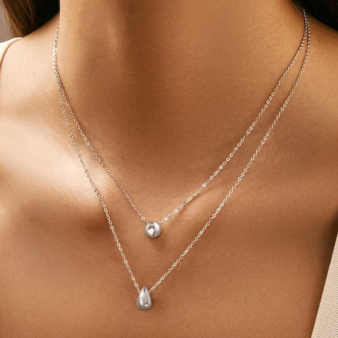 Collier Double Rang En Acier Inoxydable Avec Pendentifs Boule Et Goutte Bijoux Élégants Polis Minimalistes Pour Femmes