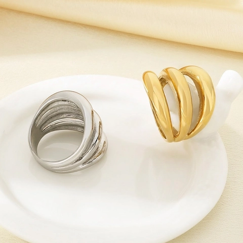 Wide Band Ring Stainless Steel 18K Gold Plated Multi Layer Wave Design Geometric Polished Jewelry For Women Trendy