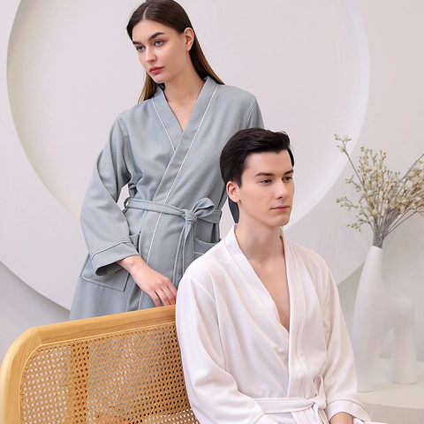 Accappatoio Nido D'ape Assorbente Asciugatura Rapida Morbida Vestaglia Per Hotel Spa Lounge Unisex Con Cintura E Tasche