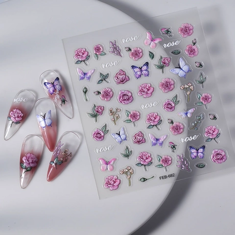 Autocollants Ongles Relief 5D Auto-Adhésifs Design Fleurs Papillon Oiseau Décoration Manucure DIY Pour Femmes Style Rétro Imperméable