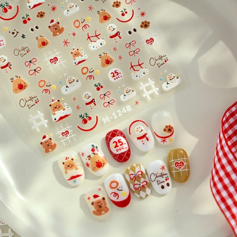 Christmas Nail Art Stickers Embossed Decals Cartoon Bear Reindeer Snowman DIY Holiday Manicure Decoration Cute Plastic