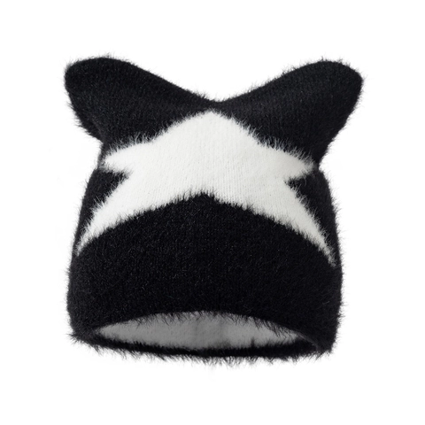 Gorro Beanie Con Orejas De Gato Felpa Patrón De Estrella Cálido Punto Invierno Mujer Y2K