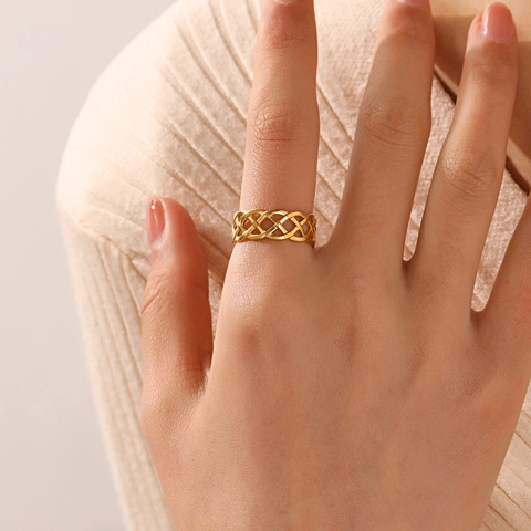 Edelstahl Ring Goldbeschichtet Hohl Gewebt Gitter Geometrisch Offen Verstellbar Minimalistisch Moderner Schmuck Damen