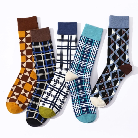 Men Crew Socks Cotton Blend Retro Geometric Plaid Patterns Breathable Sweat Absorbent Mid Calf Trendy Casual Hosiery