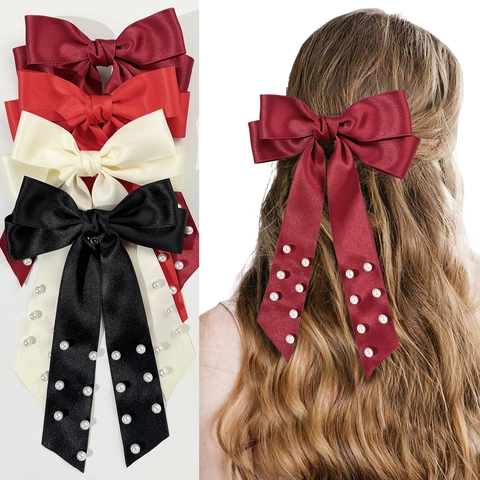 Satin Bow Hair Clip With Long Ribbons And Artificial Pearls Elegant Ribbon Bowknot Spring Barrette Hairpin Accessory For Women