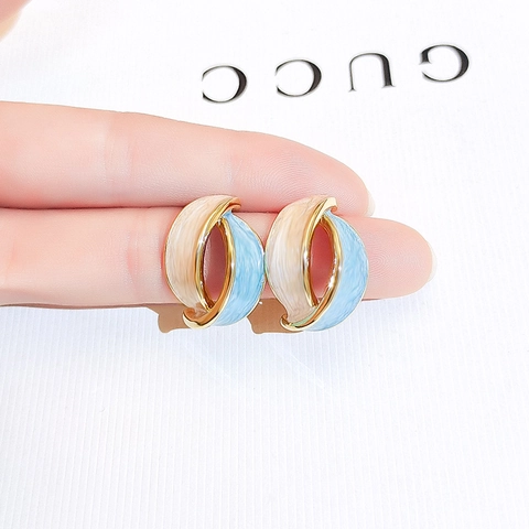 French Vintage Enamel Contrast Color C-Shape Earrings For Women Copper Gold Plated Mosquito Coil Ear Clip 925 Silver Post Jewelry