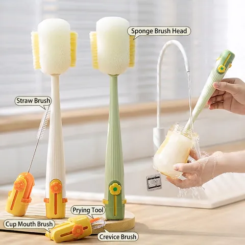 5-In-1 Multi-Functional Bottle Cleaning Brush Long Handle Sponge Scrubber For Baby Bottles Straws Gap Cleaner With Base