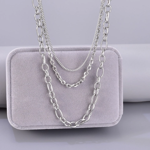 Vintage Silver Stainless Steel Layered Necklace For Women Curb Chain Snake Chain Stacked Multi-Strand Jewelry Gift