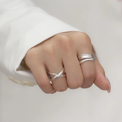 925 Sterling Zilveren Ring Verstelbaar Dubbele Laag Onregelmatige Structuur Vintage Sieraden Dames