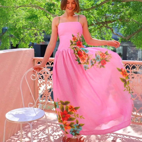Dames Maxi Jurk Polyester Spaghettibandjes Rugloos Bloemenprint Zomer Vakantie Boho Stijl Roze