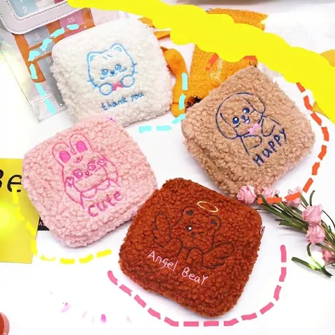 Sac De Rangement Mignon Brodé Pour Serviettes Hygiéniques En Polaire Sherpa Pochette Portable À Fermeture Éclair Pour Femmes Filles